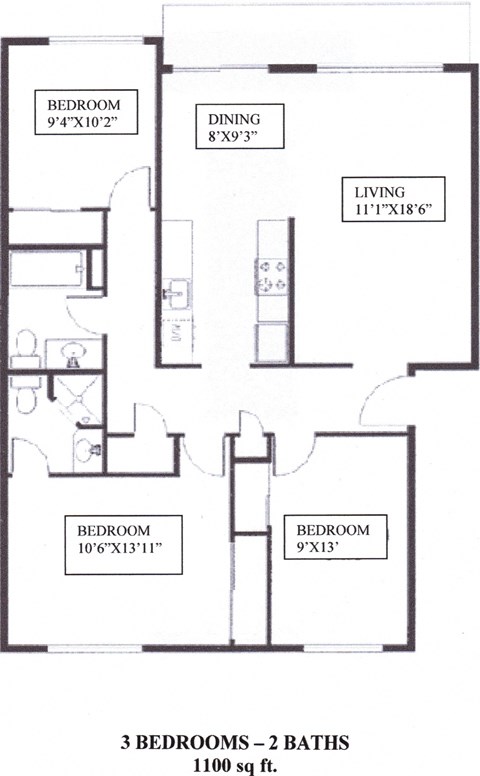 3 bedroom 2 bathroom floorplan